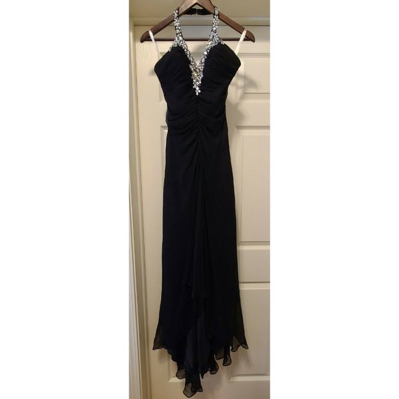 Tiffany Designs Black Halter‎ Rhinestone Ruched Formal Dress Size 4 High-Low Hem - Picture 1 of 12